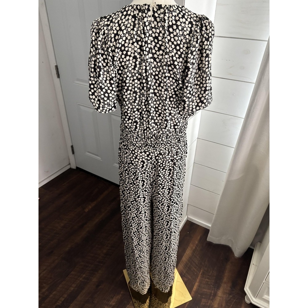 Anthropologie Jumpsuit Womens Medium Black Floral Elastic Waist Wide Leg V Neck - Picture 2 of 8